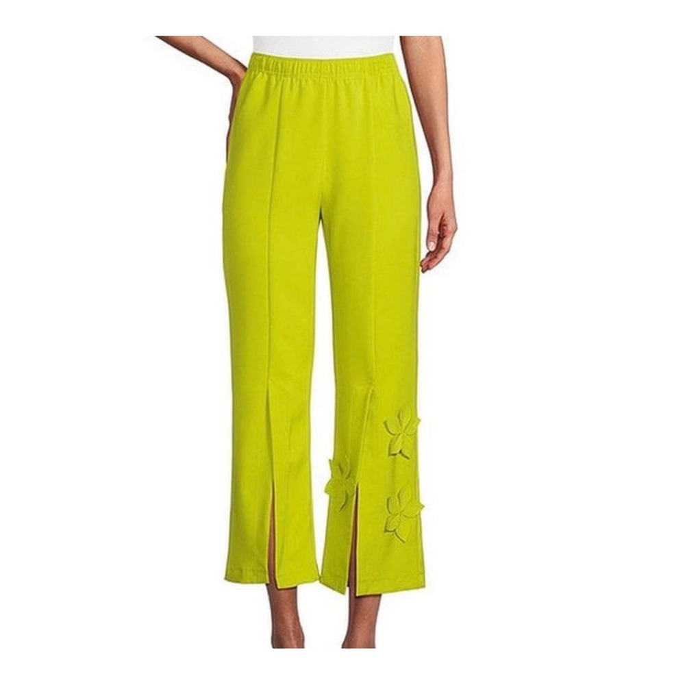 IC Collection Lime Green Floral Applique Crop Pants XL 6877P Made in USA NEW